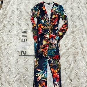 Long sleeve, navy tropical flower print dress with front slip.